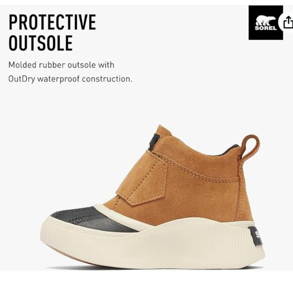 SOREL Boys Sz 12 Out N About IV Strap Rain Hike Boots Waterproof Taffy Tan Black - Picture 3 of 16